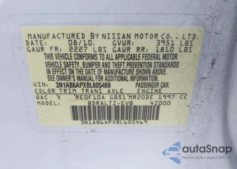 2011 Nissan Sentra 2.0Sr from USA, damaged, VIN 3N1AB6APXBL605469
